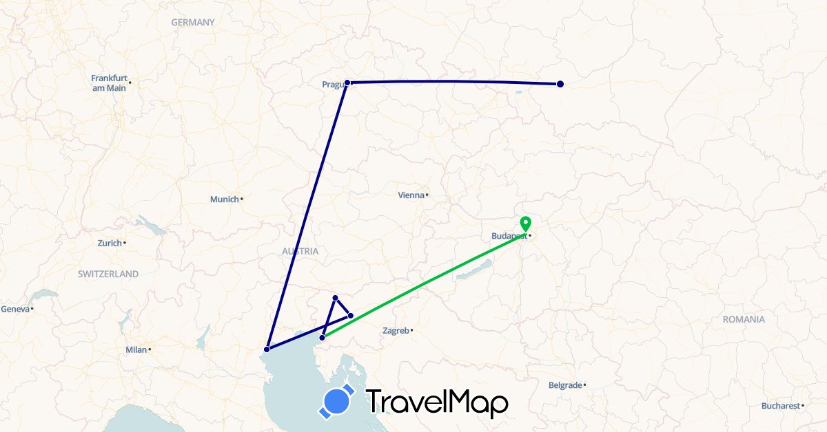 TravelMap itinerary: driving, bus in Czech Republic, Hungary, Italy, Poland, Slovenia (Europe)